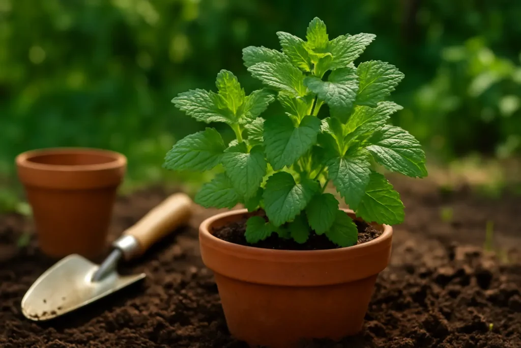 Erva-cidreira fresca plantada em vaso de barro em um jardim caseiro, com folhas verdes e vibrantes, ao lado de ferramentas de jardinagem.