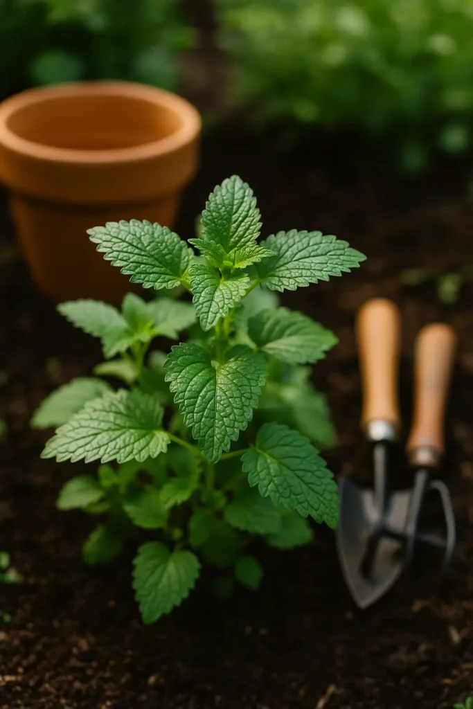 Erva-cidreira plantada em vaso no jardim medicinal de casa, com folhas verdes e saudáveis.