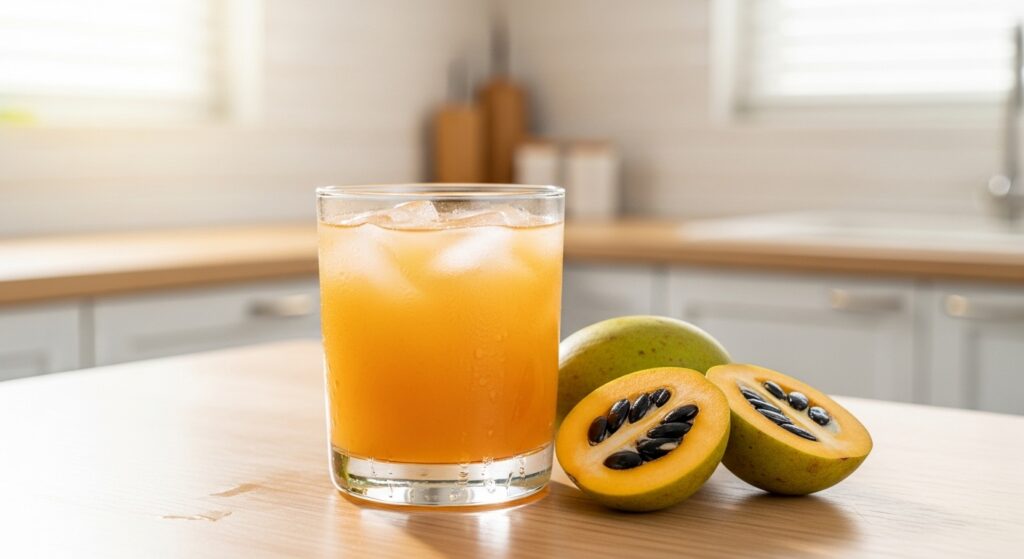 Suco natural de jenipapo em copo transparente, refrescante e nutritivo