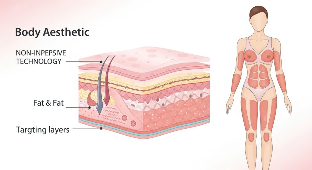 Ilustração mostrando como os procedimentos estéticos corporais atuam nas camadas da pele