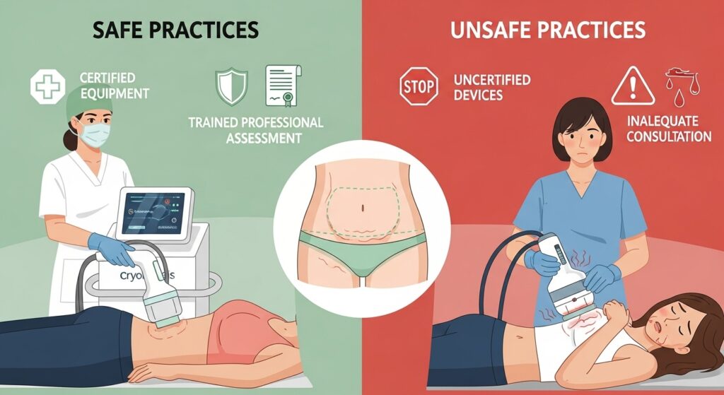 Infográfico sobre riscos e cuidados da criolipólise