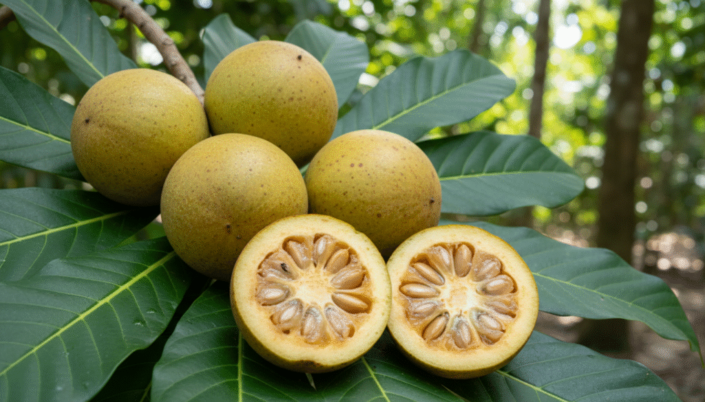 Fruta jenipapo madura pronta para consumo com casca verde-amarelada e polpa suculenta