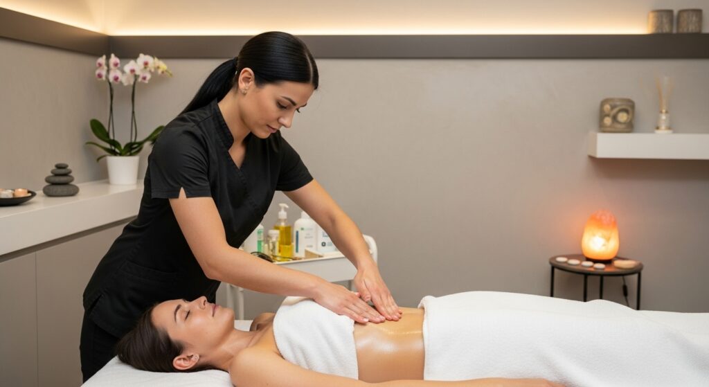 massagem modeladora sendo feita por esteticista no abdômen