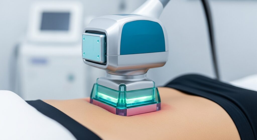 Aplicação do equipamento de criolipólise na área abdominal